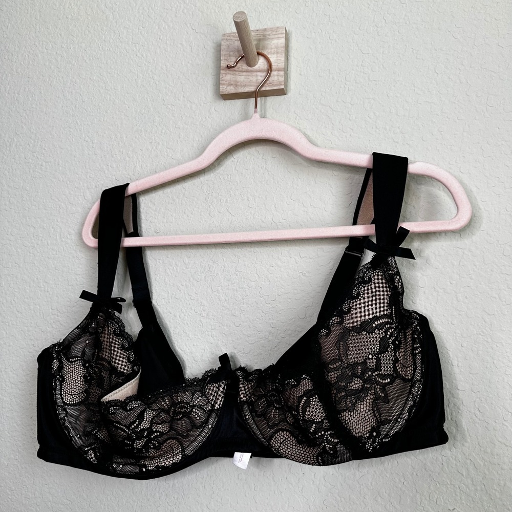 Cacique Black Floral Lace Underwire Bra 42DDD Wide Straps Bows Dark Romance